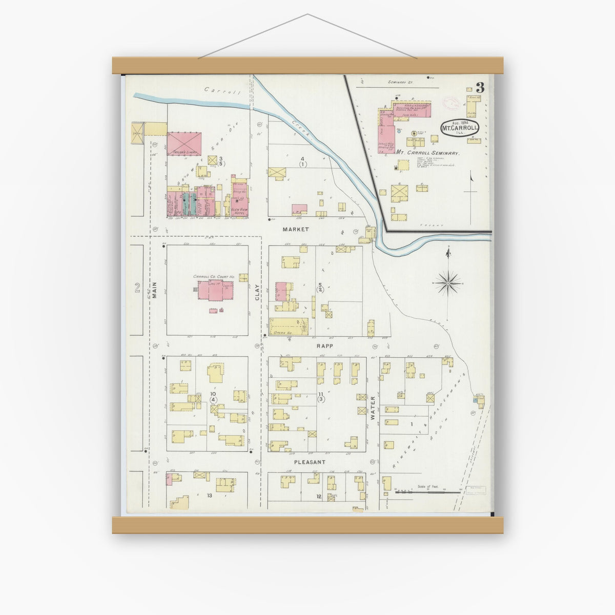 Old map wall art mockup — magnetic wood frame on white wall — Sanborn Fire Insurance Map from Mount Carroll, Carroll County, Illinois (1894), Sheet #0003