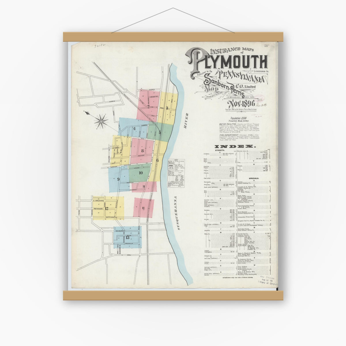 Old map wall art mockup — magnetic wood frame on white wall — Sanborn Fire Insurance Map from Plymouth, Luzerne County, Pennsylvania (1896) - Complete Map Set
