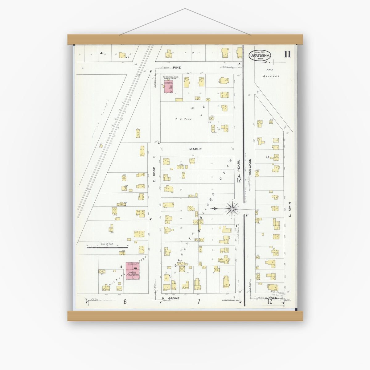 Old map wall art mockup — magnetic wood frame on white wall — Sanborn Fire Insurance Map from Owatonna, Steele County, Minnesota (1909), Sheet #0011