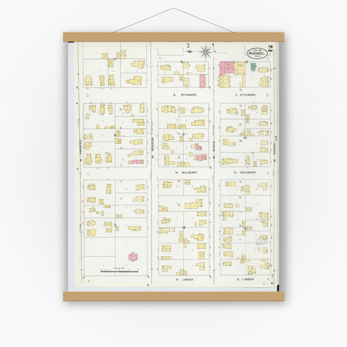 Old map wall art mockup — magnetic wood frame on white wall — Sanborn Fire Insurance Map from Marshall, Calhoun County, Michigan (1906), Sheet #0002
