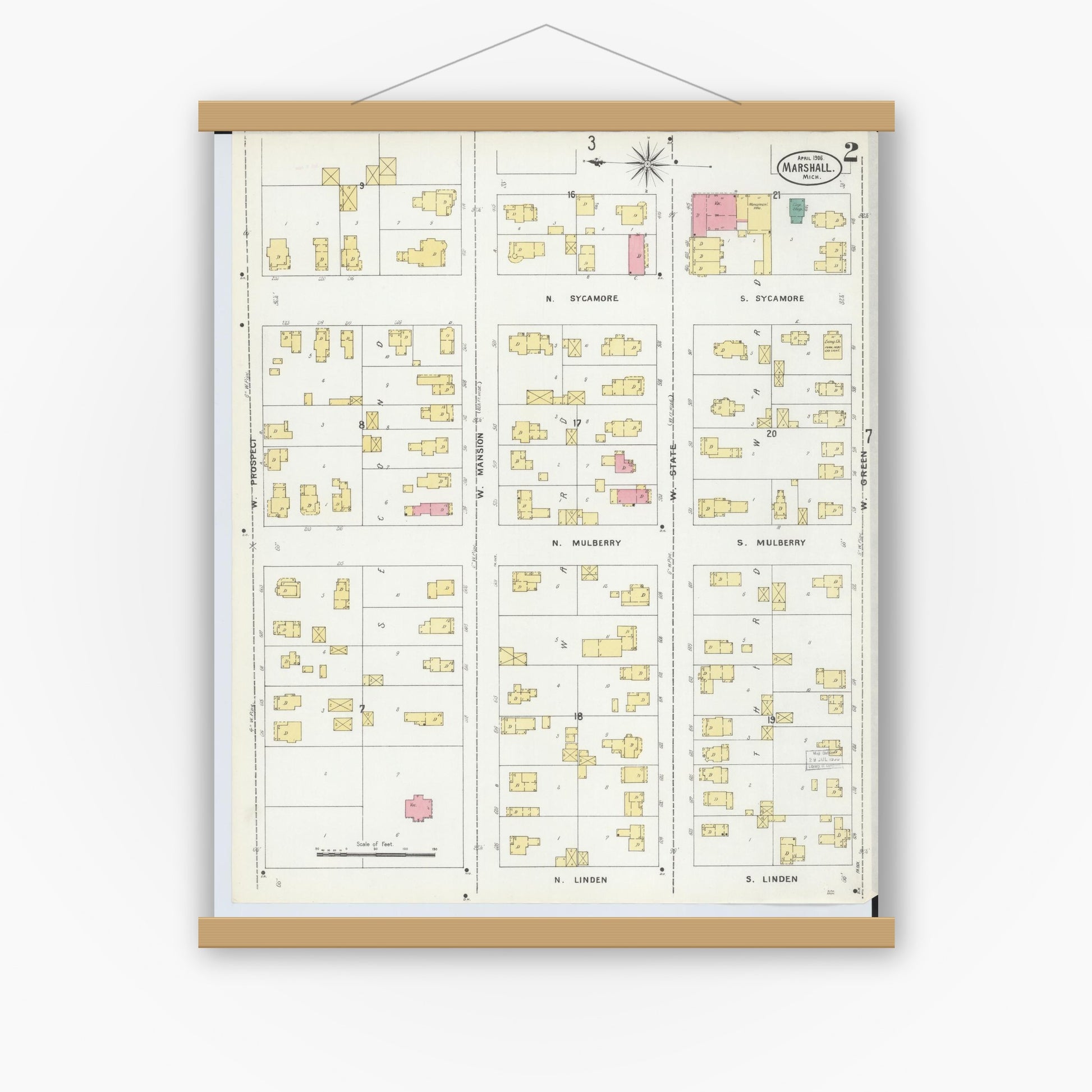 Old map wall art mockup — magnetic wood frame on white wall — Sanborn Fire Insurance Map from Marshall, Calhoun County, Michigan (1906), Sheet #0002