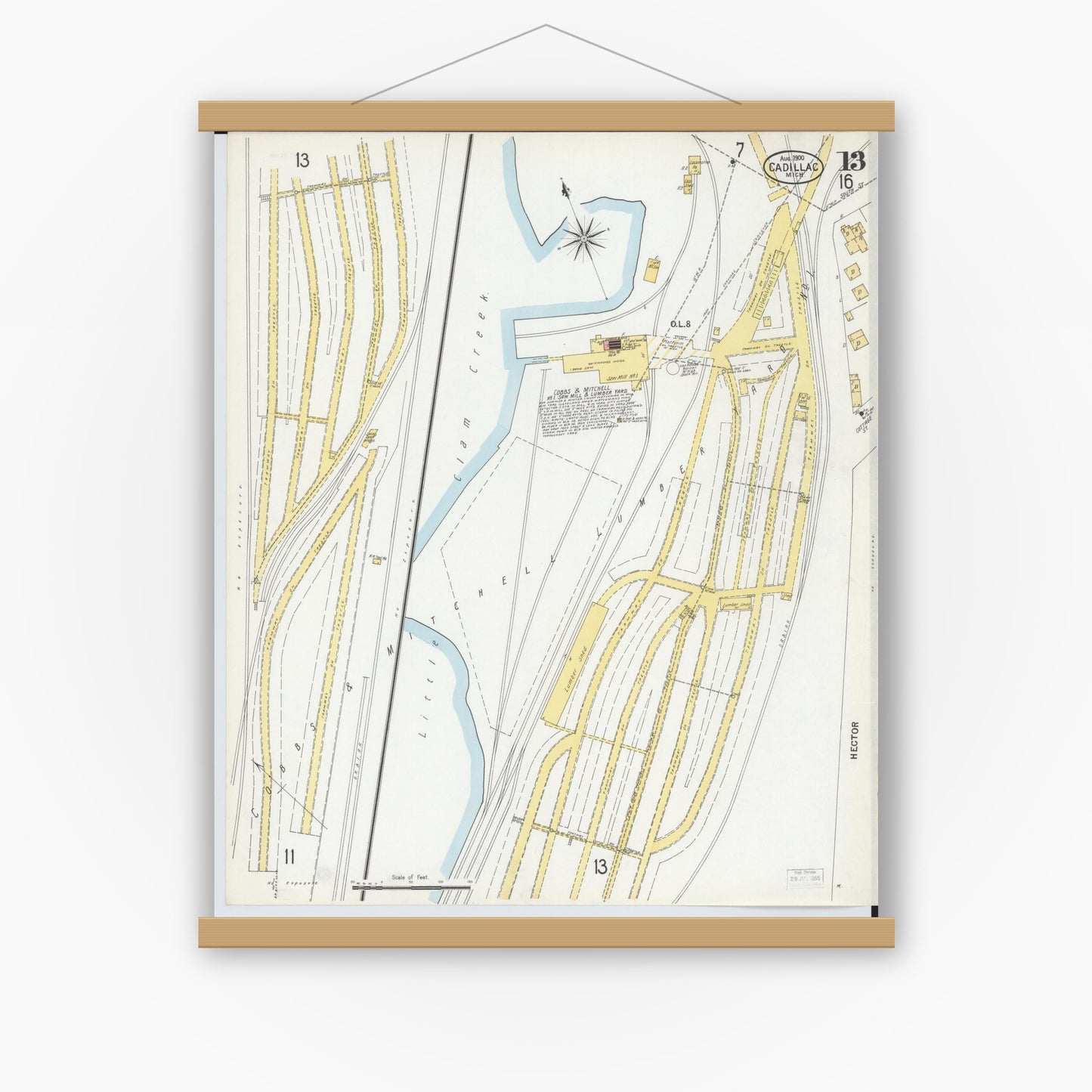 Old map wall art mockup — magnetic wood frame on white wall — Sanborn Fire Insurance Map from Cadillac, Wexford County, Michigan (1900), Sheet #0013