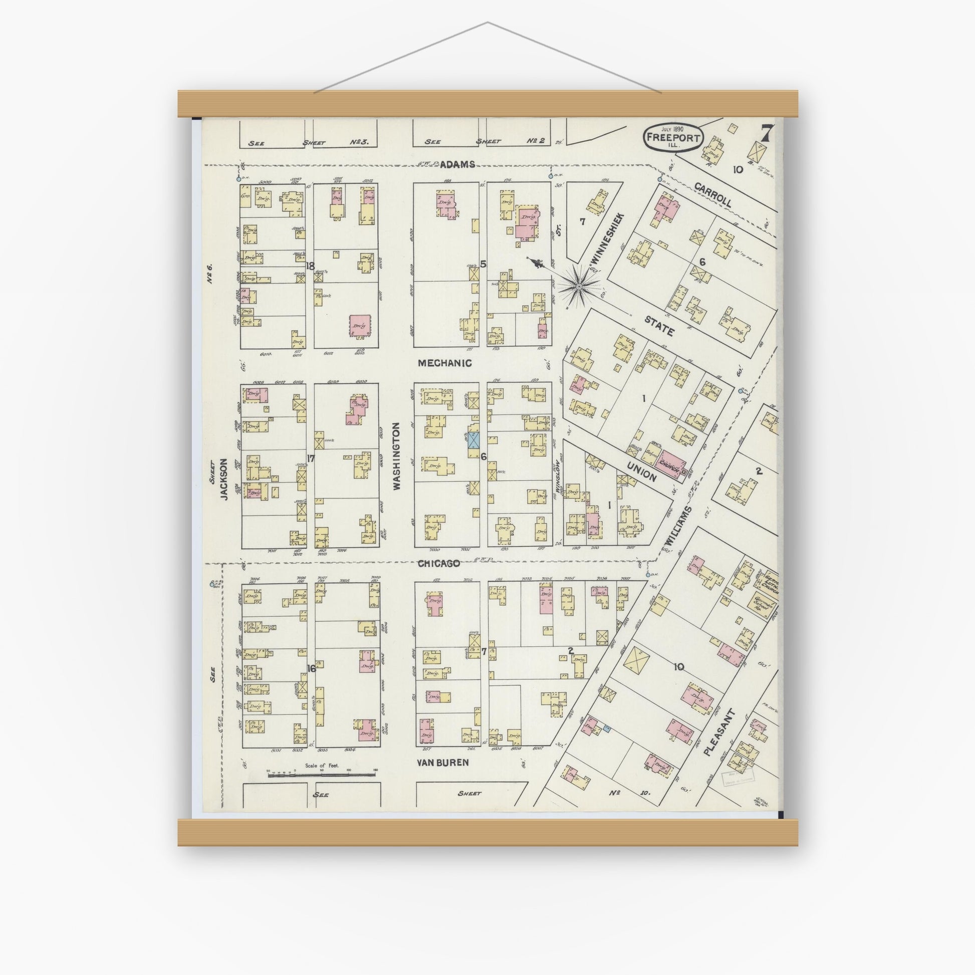Old map wall art mockup — magnetic wood frame on white wall — Sanborn Fire Insurance Map from Freeport, Stephenson County, Illinois (1890), Sheet #0007
