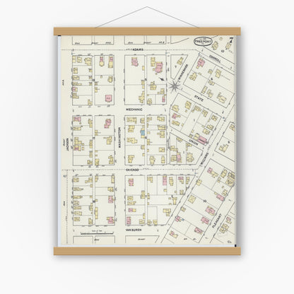 Old map wall art mockup — magnetic wood frame on white wall — Sanborn Fire Insurance Map from Freeport, Stephenson County, Illinois (1890), Sheet #0007