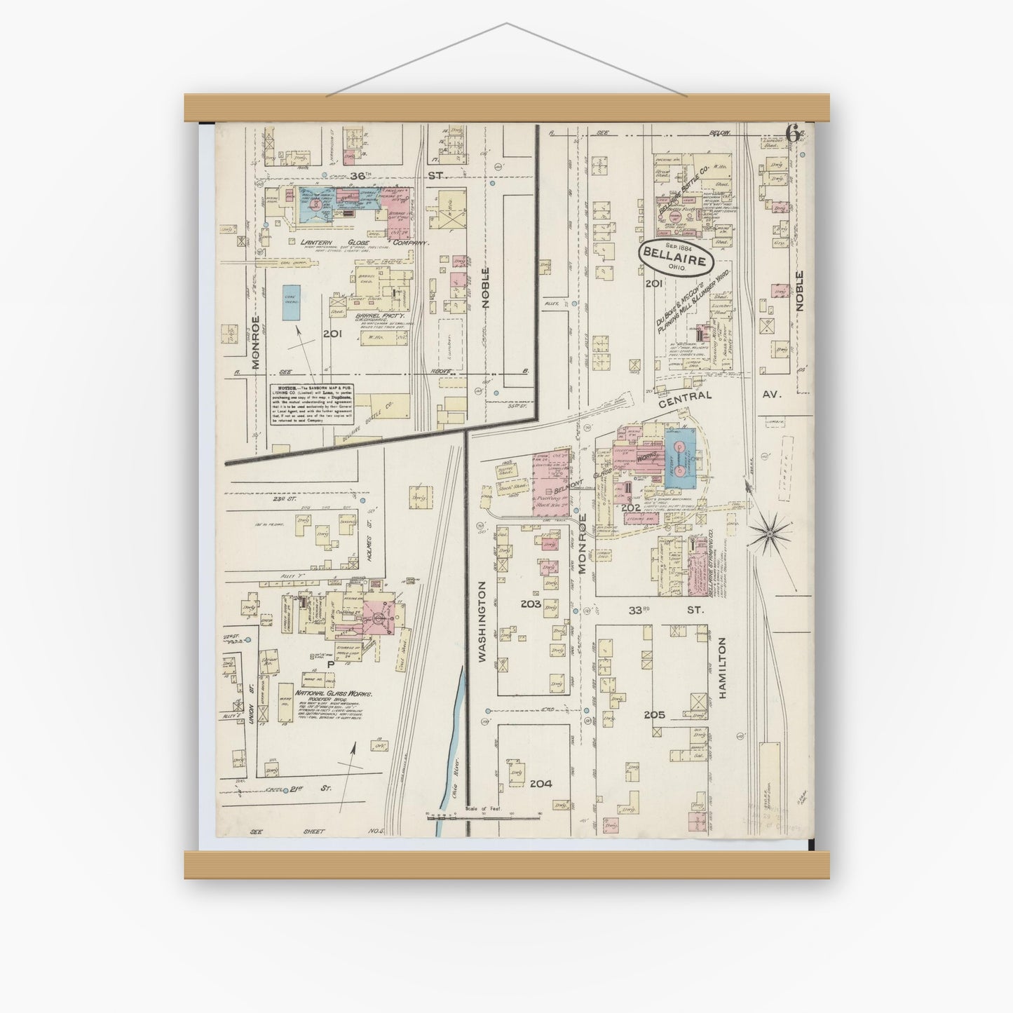 Old map wall art mockup — magnetic wood frame on white wall — Sanborn Fire Insurance Map from Bellaire, Belmont County, Ohio (1884), Sheet #0006