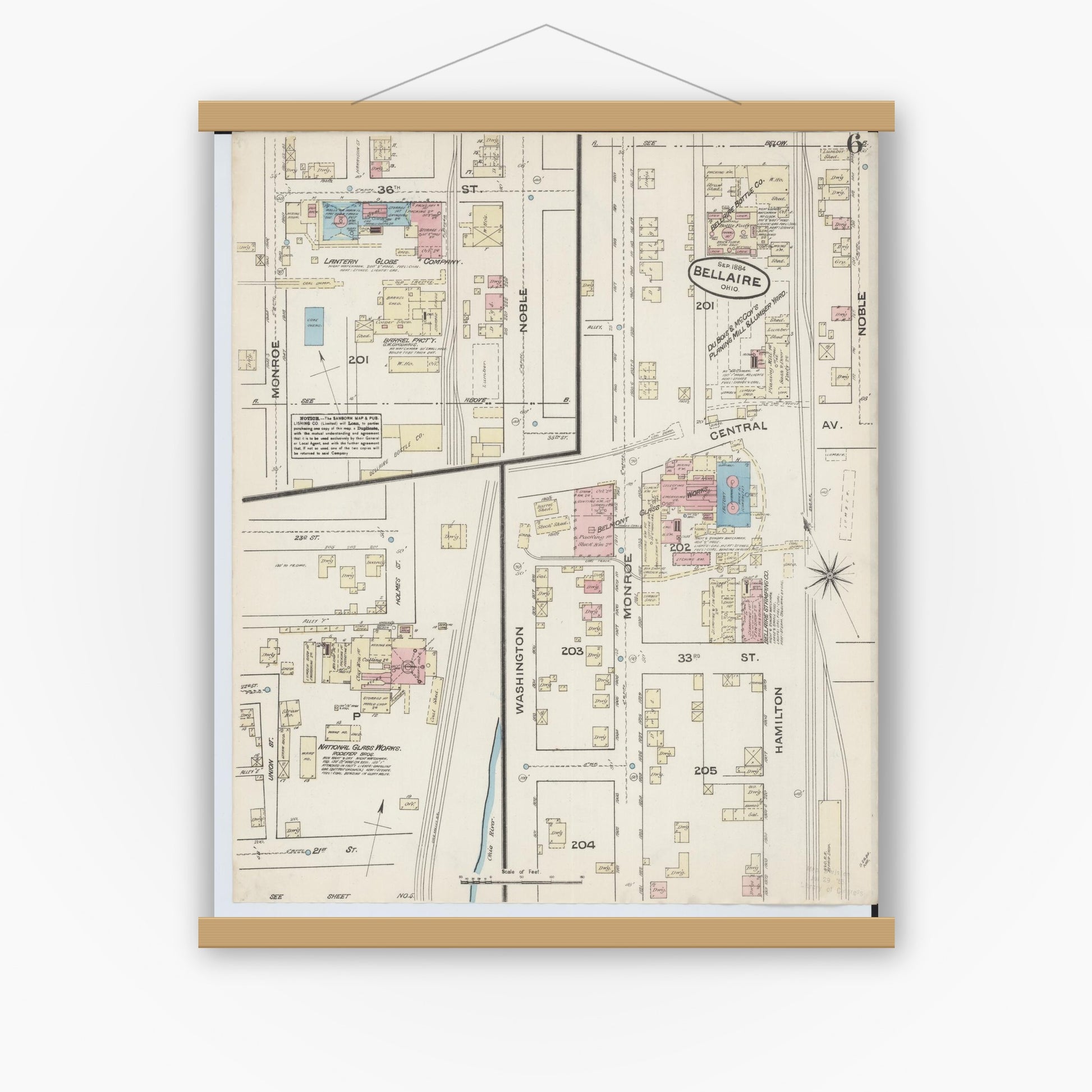 Old map wall art mockup — magnetic wood frame on white wall — Sanborn Fire Insurance Map from Bellaire, Belmont County, Ohio (1884), Sheet #0006
