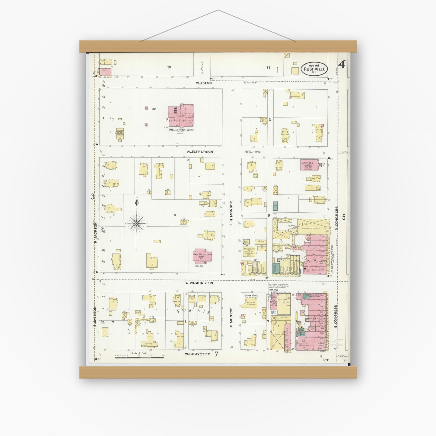 Old map wall art mockup — magnetic wood frame on white wall — Sanborn Fire Insurance Map from Rushville, Schuyler County, Illinois (1906), Sheet #0004