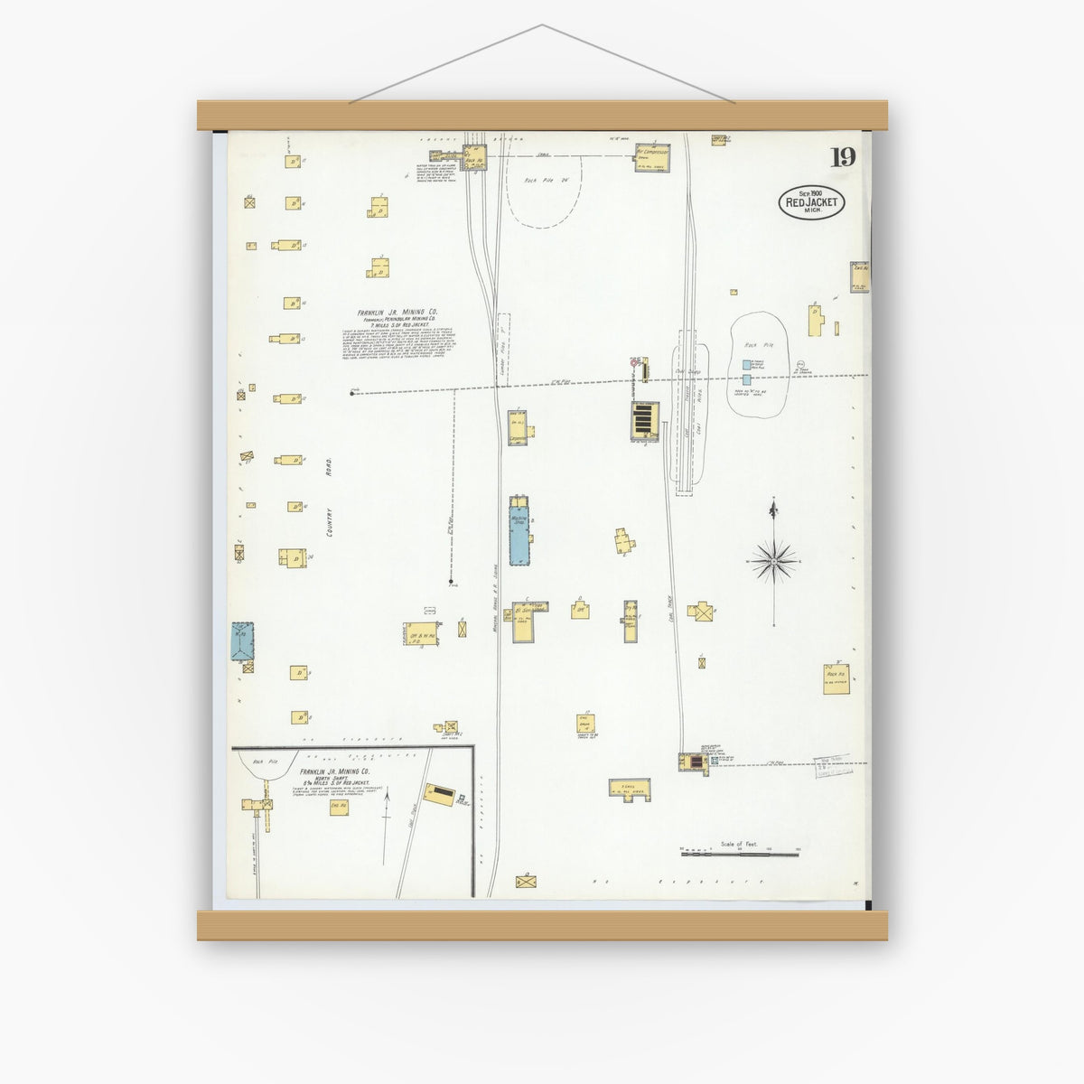 Old map wall art mockup — magnetic wood frame on white wall — Sanborn Fire Insurance Map from Red Jacket, Houghton County, Michigan (1900), Sheet #0019