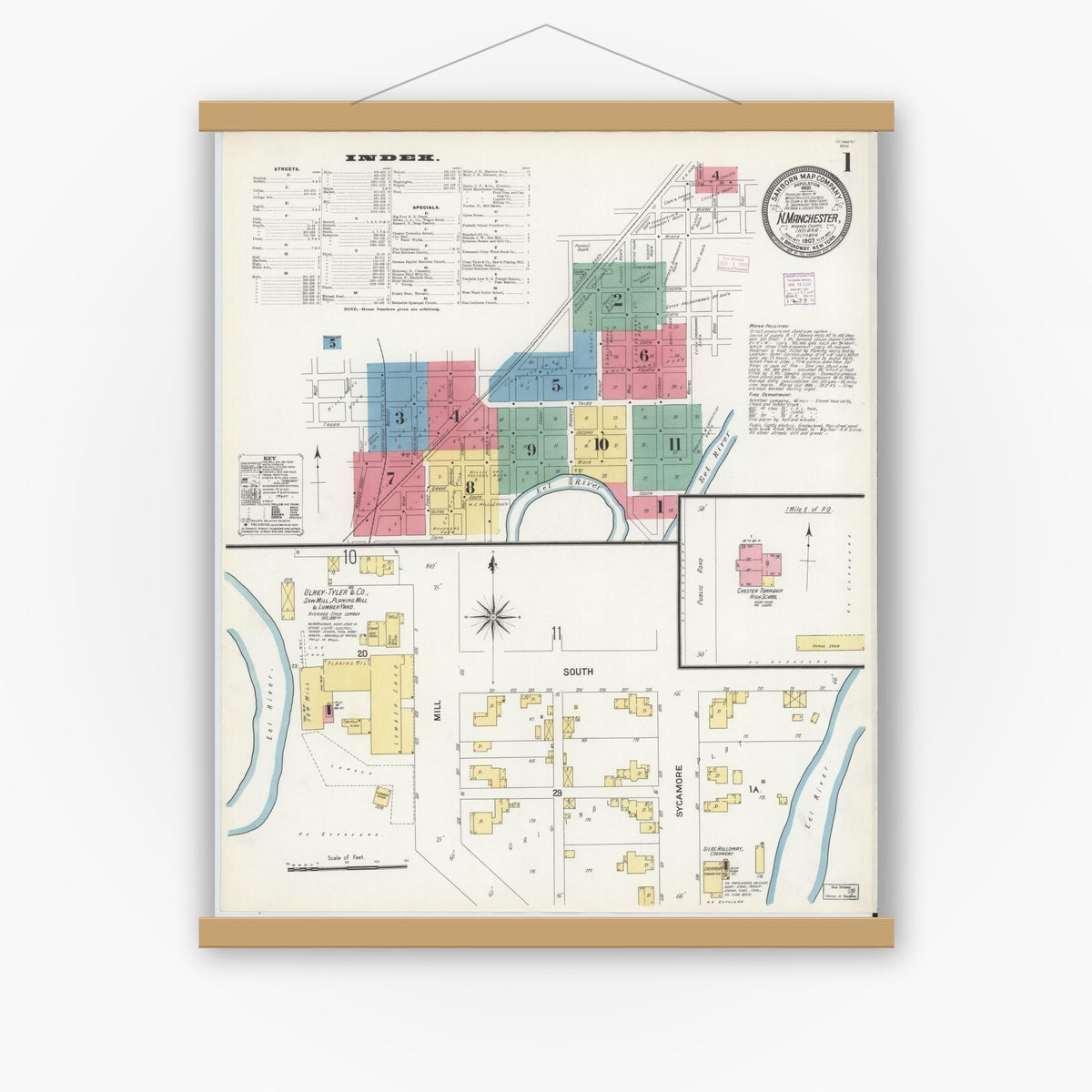 Old map wall art mockup — magnetic wood frame on white wall — Sanborn Fire Insurance Map from North Manchester, Wabash County, Indiana (1907) - Complete Map Set