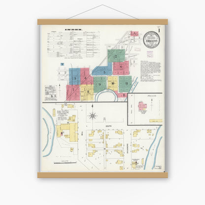 Old map wall art mockup — magnetic wood frame on white wall — Sanborn Fire Insurance Map from North Manchester, Wabash County, Indiana (1907) - Complete Map Set