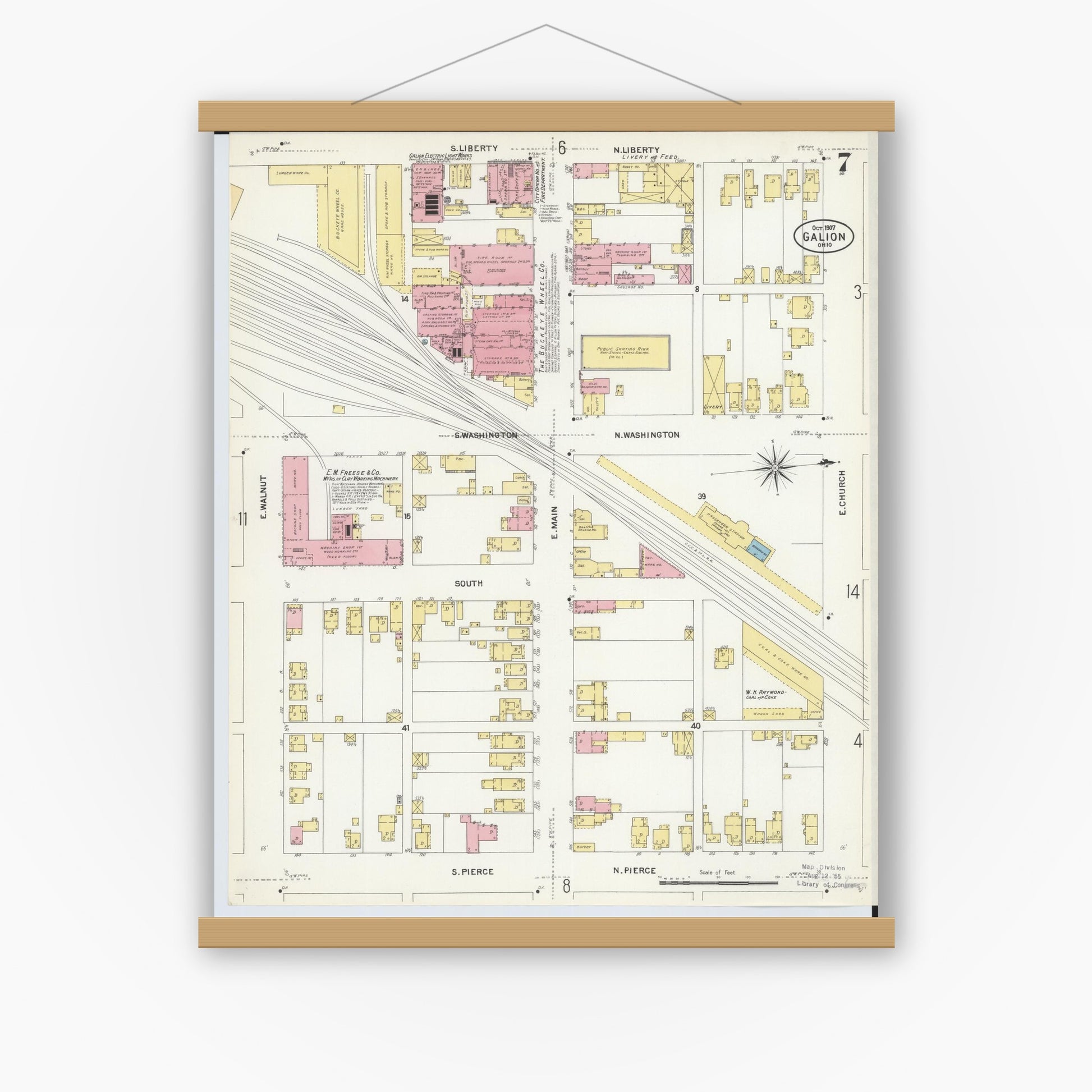 Old map wall art mockup — magnetic wood frame on white wall — Sanborn Fire Insurance Map from Galion, Crawford County, Ohio (1907), Sheet #0007