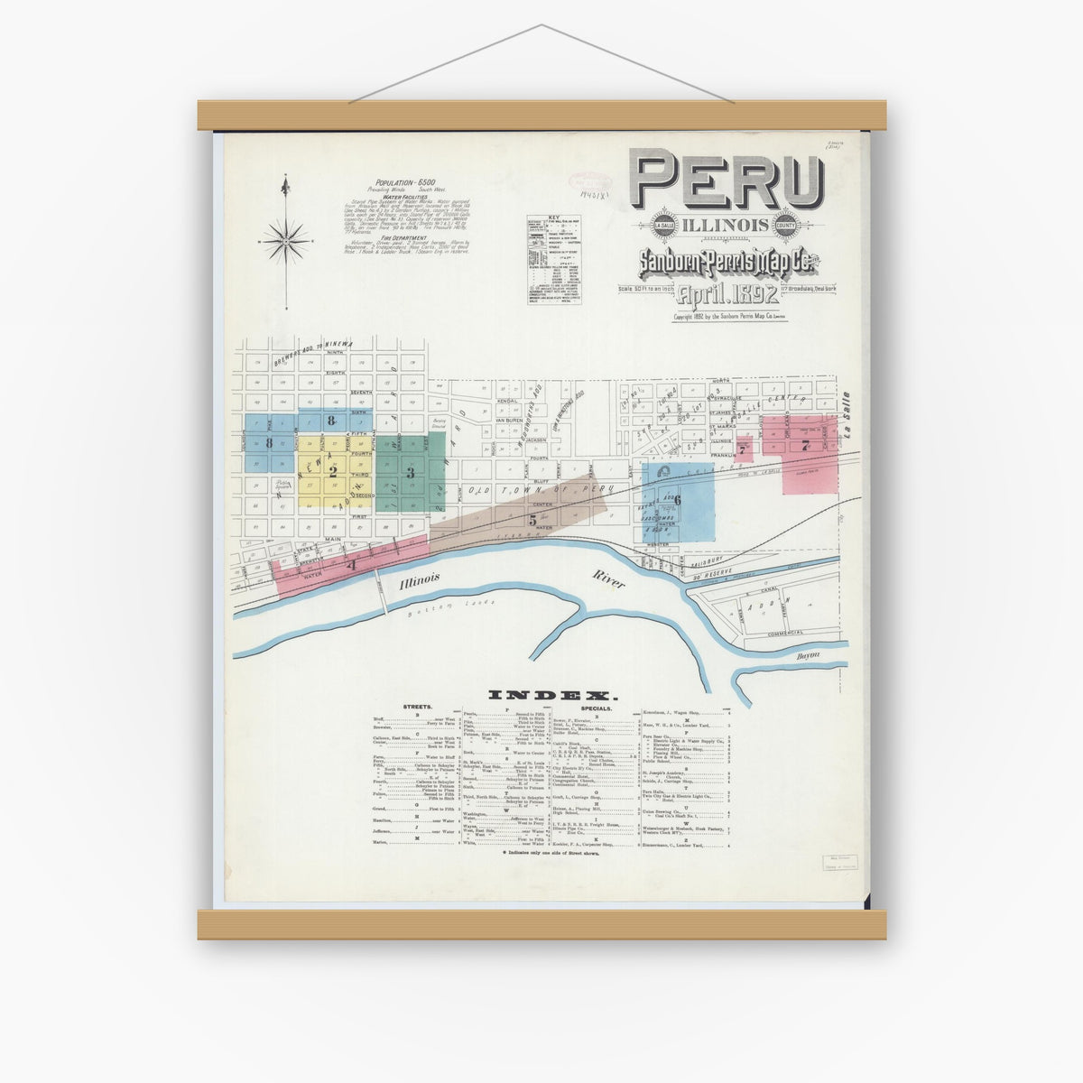 Old map wall art mockup — magnetic wood frame on white wall — Sanborn Fire Insurance Map from Peru, La Salle County, Illinois (1892) - Complete Map Set