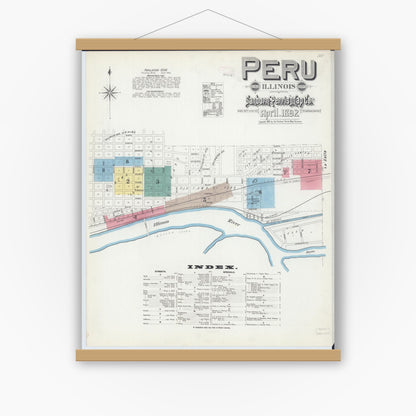 Old map wall art mockup — magnetic wood frame on white wall — Sanborn Fire Insurance Map from Peru, La Salle County, Illinois (1892) - Complete Map Set