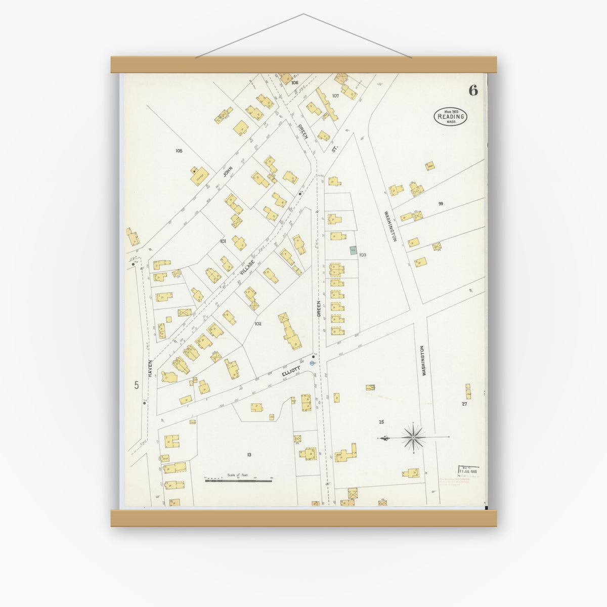 Old map wall art mockup — magnetic wood frame on white wall — Sanborn Fire Insurance Map from Reading, Middlesex County, Massachusetts (1903), Sheet #0006