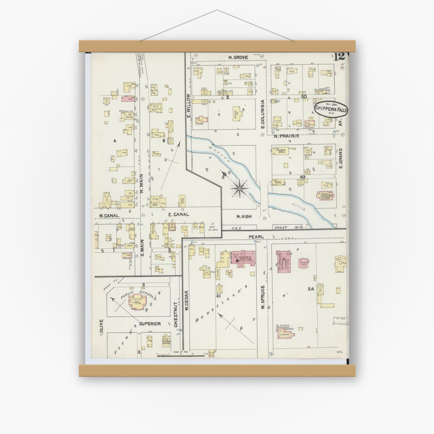 Old map wall art mockup — magnetic wood frame on white wall — Sanborn Fire Insurance Map from Chippewa Falls, Chippewa County, Wisconsin (1890), Sheet #0012