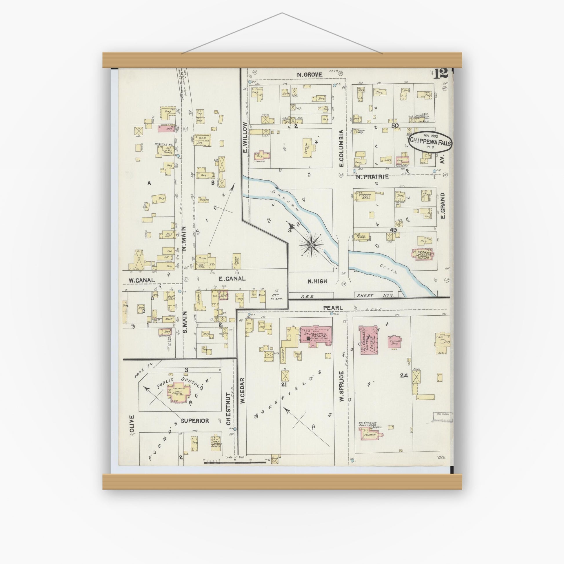 Old map wall art mockup — magnetic wood frame on white wall — Sanborn Fire Insurance Map from Chippewa Falls, Chippewa County, Wisconsin (1890), Sheet #0012