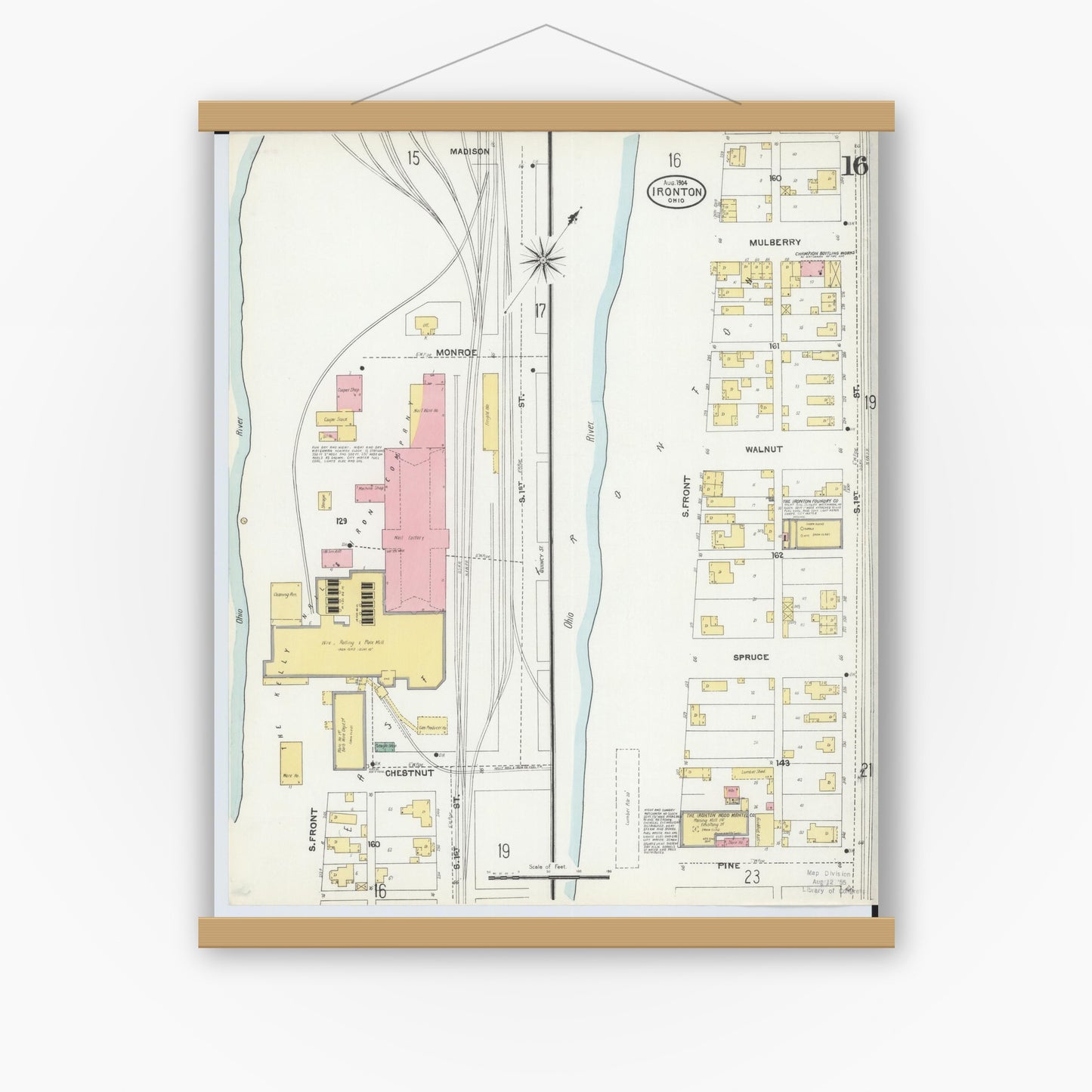 Old map wall art mockup — magnetic wood frame on white wall — Sanborn Fire Insurance Map from Ironton, Lawrence County, Ohio (1904), Sheet #0016