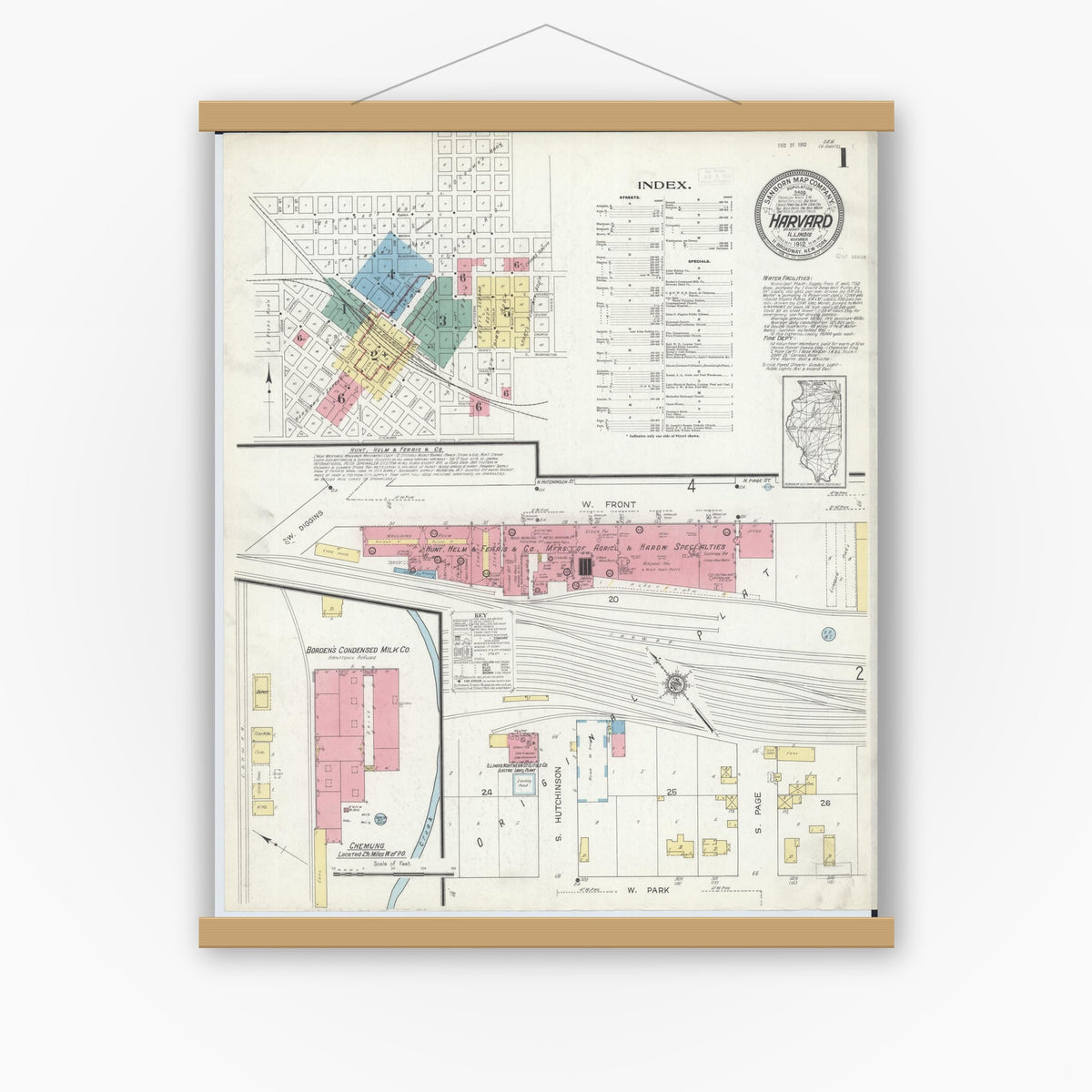 Old map wall art mockup — magnetic wood frame on white wall — Sanborn Fire Insurance Map from Harvard, McHenry County, Illinois (1912), Sheet #0001