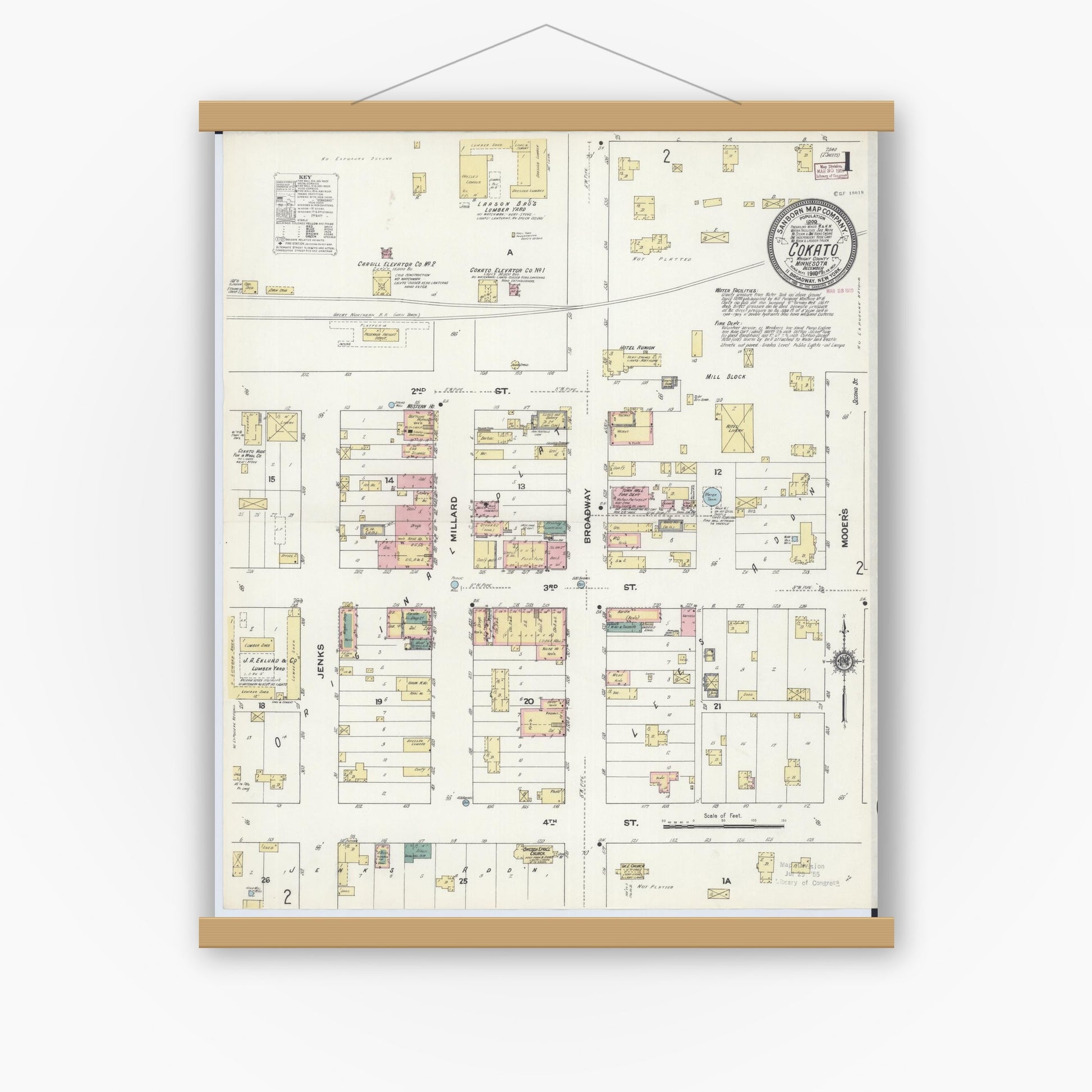Old map wall art mockup — magnetic wood frame on white wall — Sanborn Fire Insurance Map from Cokato, Wright County, Minnesota (1909) - Complete Map Set