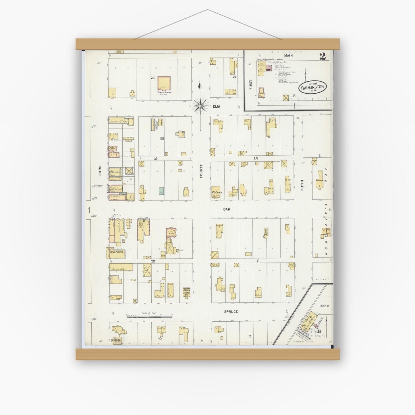 Old map wall art mockup — magnetic wood frame on white wall — Sanborn Fire Insurance Map from Farmington, Dakota County, Minnesota (1899), Sheet #0002