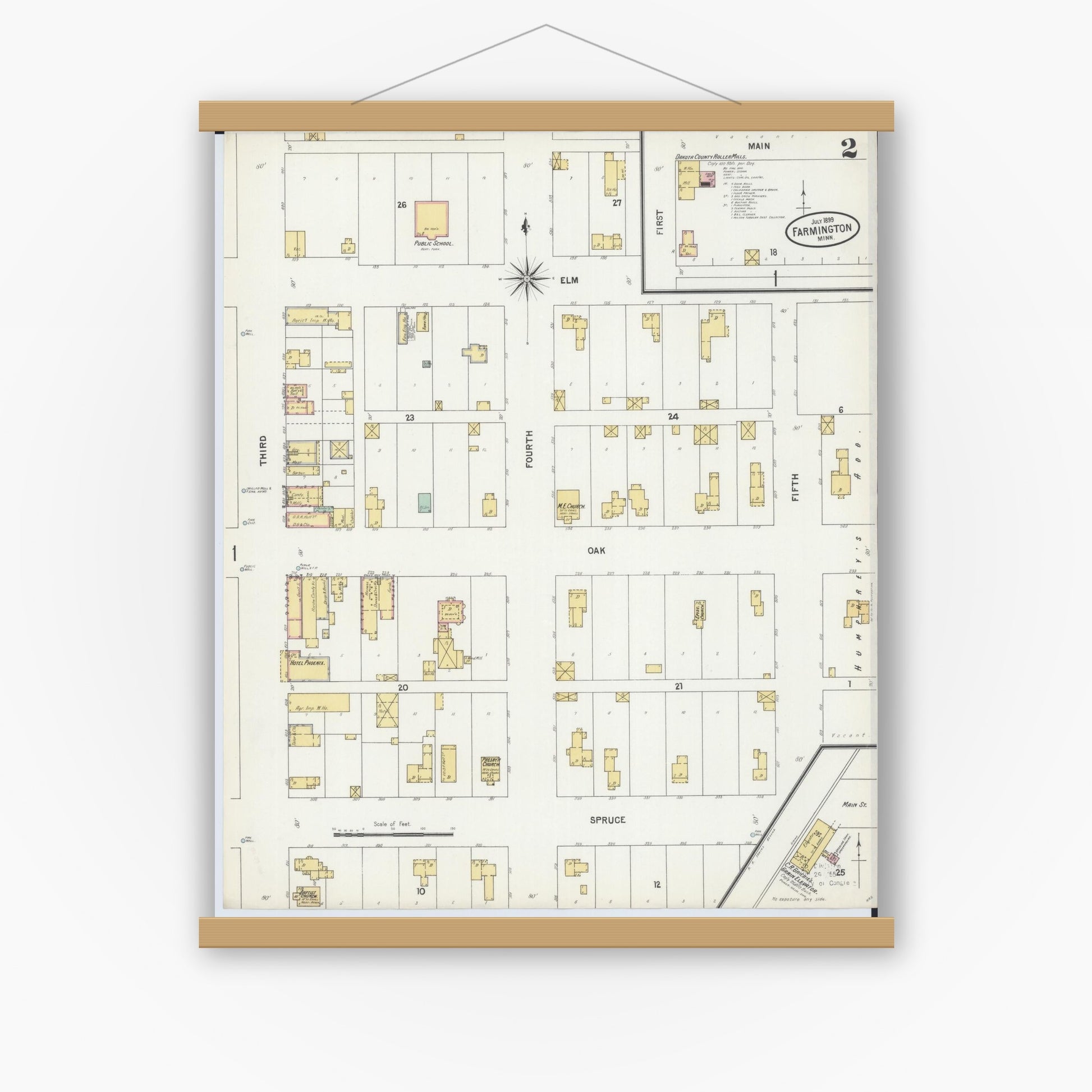 Old map wall art mockup — magnetic wood frame on white wall — Sanborn Fire Insurance Map from Farmington, Dakota County, Minnesota (1899), Sheet #0002
