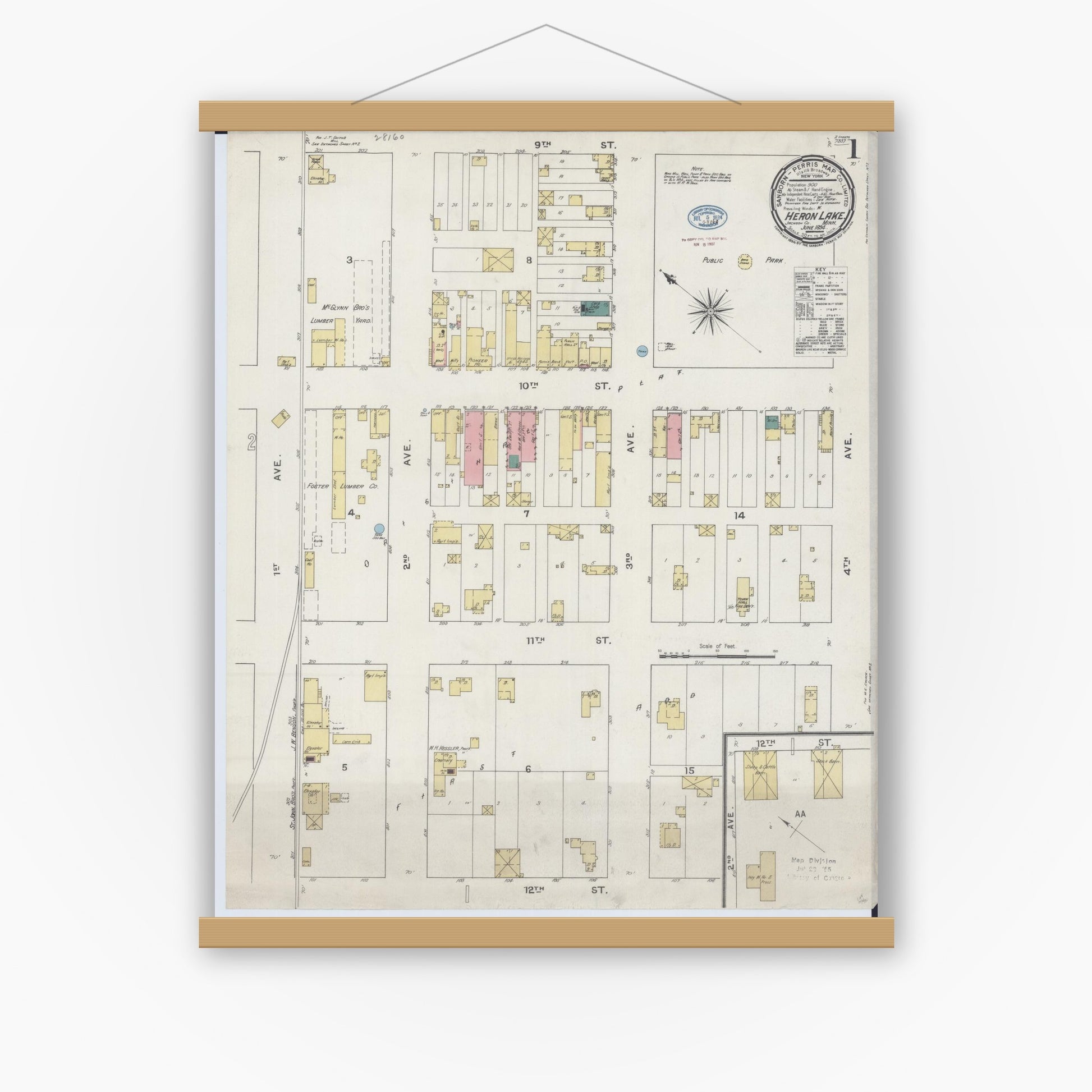 Old map wall art mockup — magnetic wood frame on white wall — Sanborn Fire Insurance Map from Heron Lake, Jackson County, Minnesota (1894) - Complete Map Set