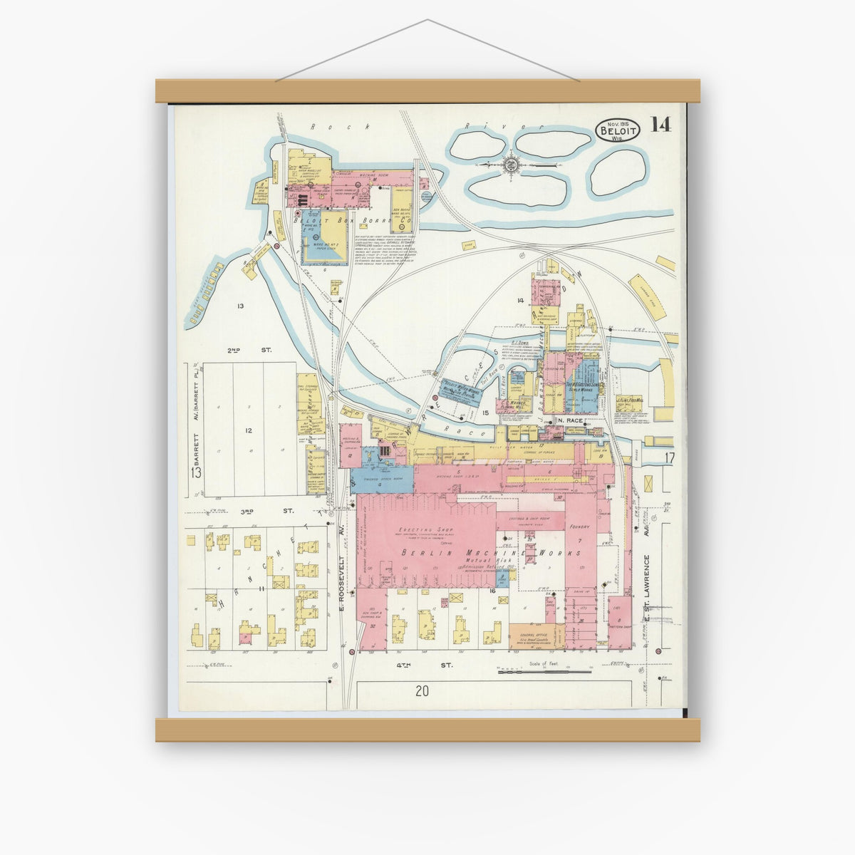 Old map wall art mockup — magnetic wood frame on white wall — Sanborn Fire Insurance Map from Beloit, Rock County, Wisconsin (1915), Sheet #0014
