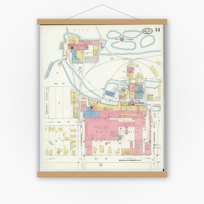 Old map wall art mockup — magnetic wood frame on white wall — Sanborn Fire Insurance Map from Beloit, Rock County, Wisconsin (1915), Sheet #0014