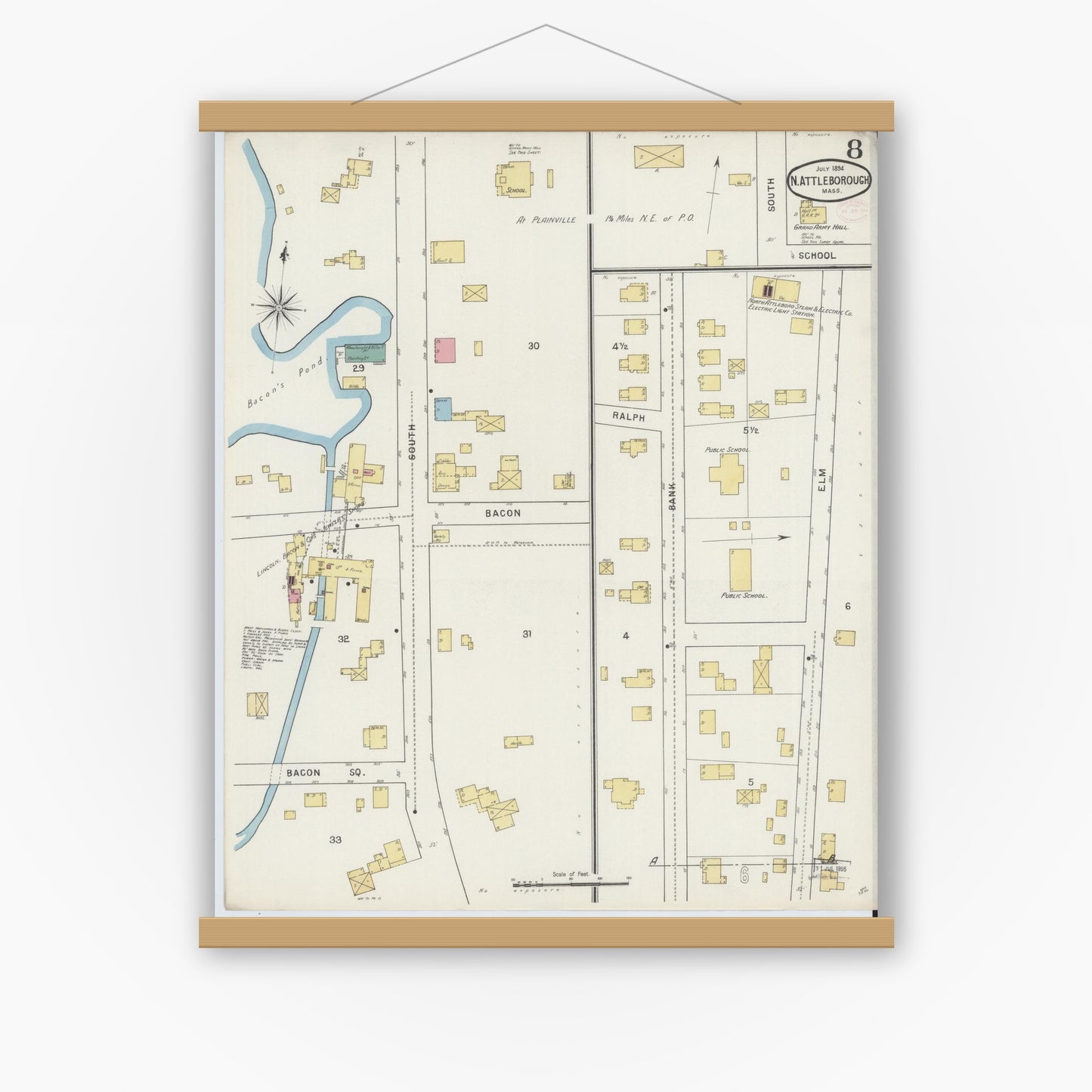 Old map wall art mockup — magnetic wood frame on white wall — Sanborn Fire Insurance Map from North Attleborough, Bristol County, Massachusetts (1894), Sheet #0008
