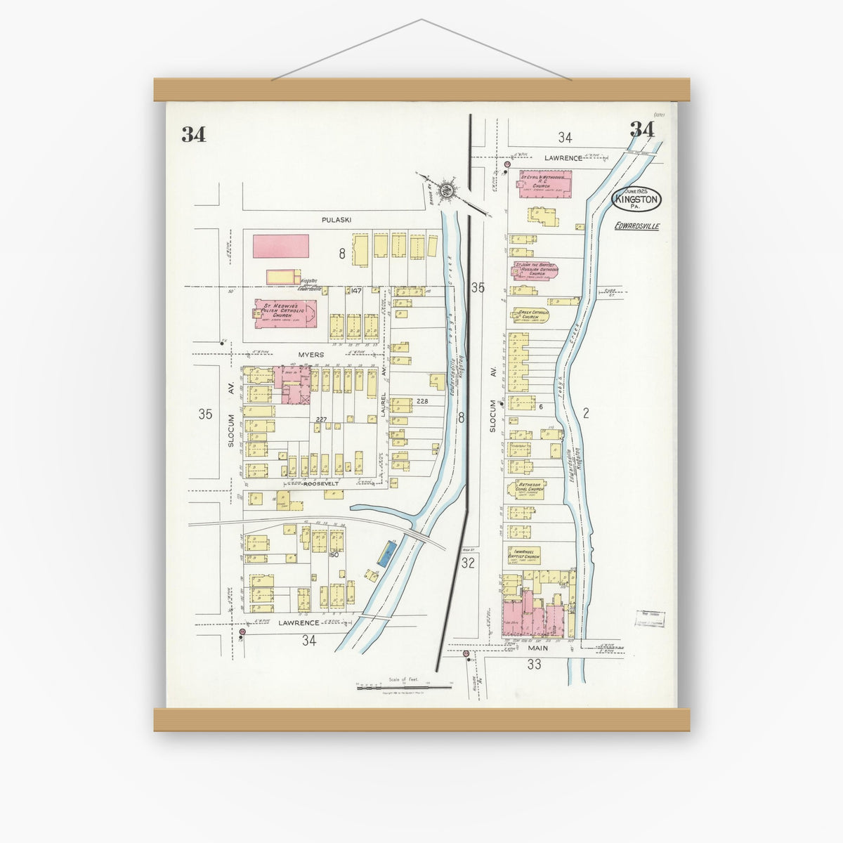 Old map wall art mockup — magnetic wood frame on white wall — Sanborn Fire Insurance Map from Kingston, Luzerne County, Pennsylvania (1925), Sheet #0034
