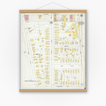 Old map wall art mockup — magnetic wood frame on white wall — Sanborn Fire Insurance Map from Lansing, Ingham County, Michigan (1906), Sheet #0021