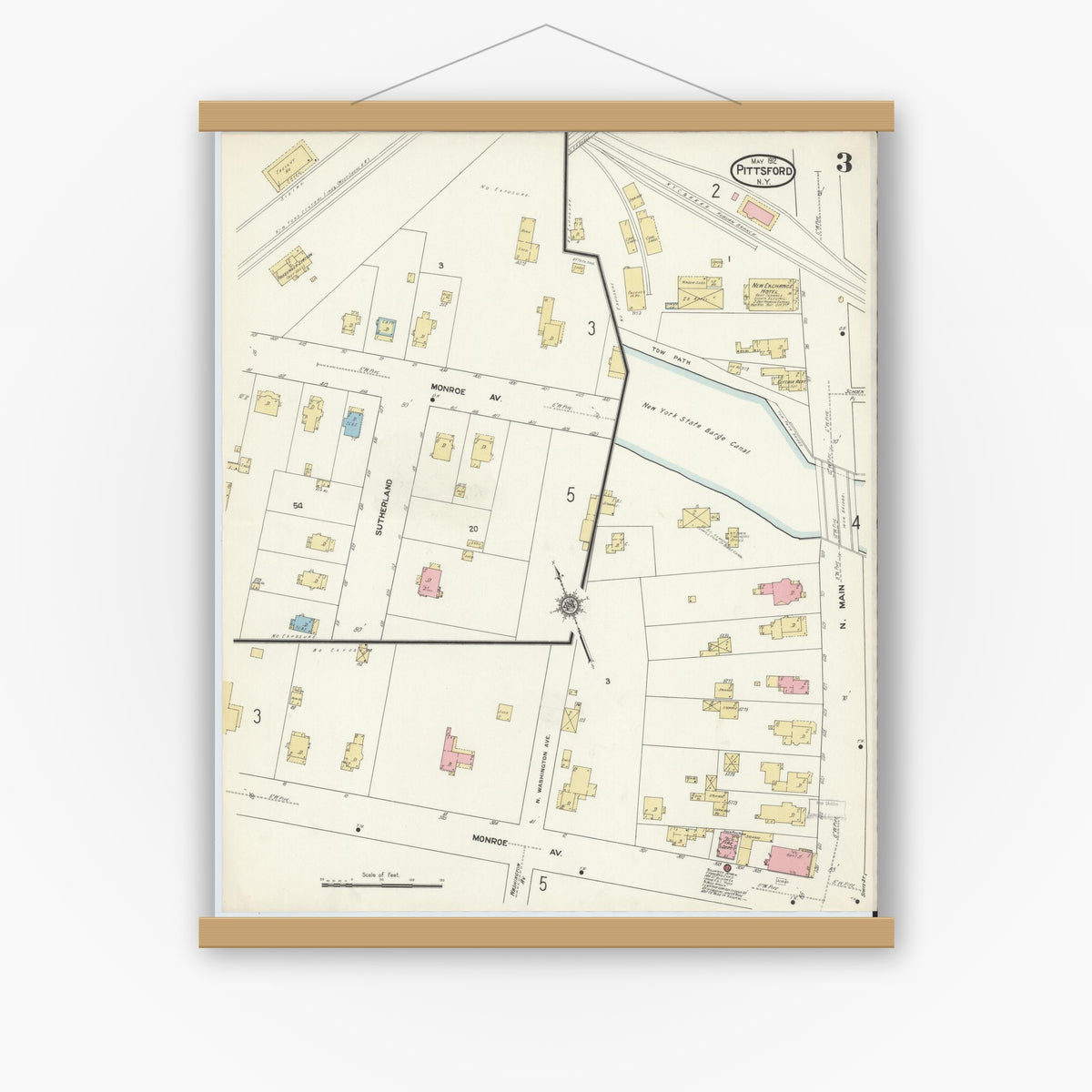 Old map wall art mockup — magnetic wood frame on white wall — Sanborn Fire Insurance Map from Pittsford, Monroe County, New York (1912), Sheet #0003