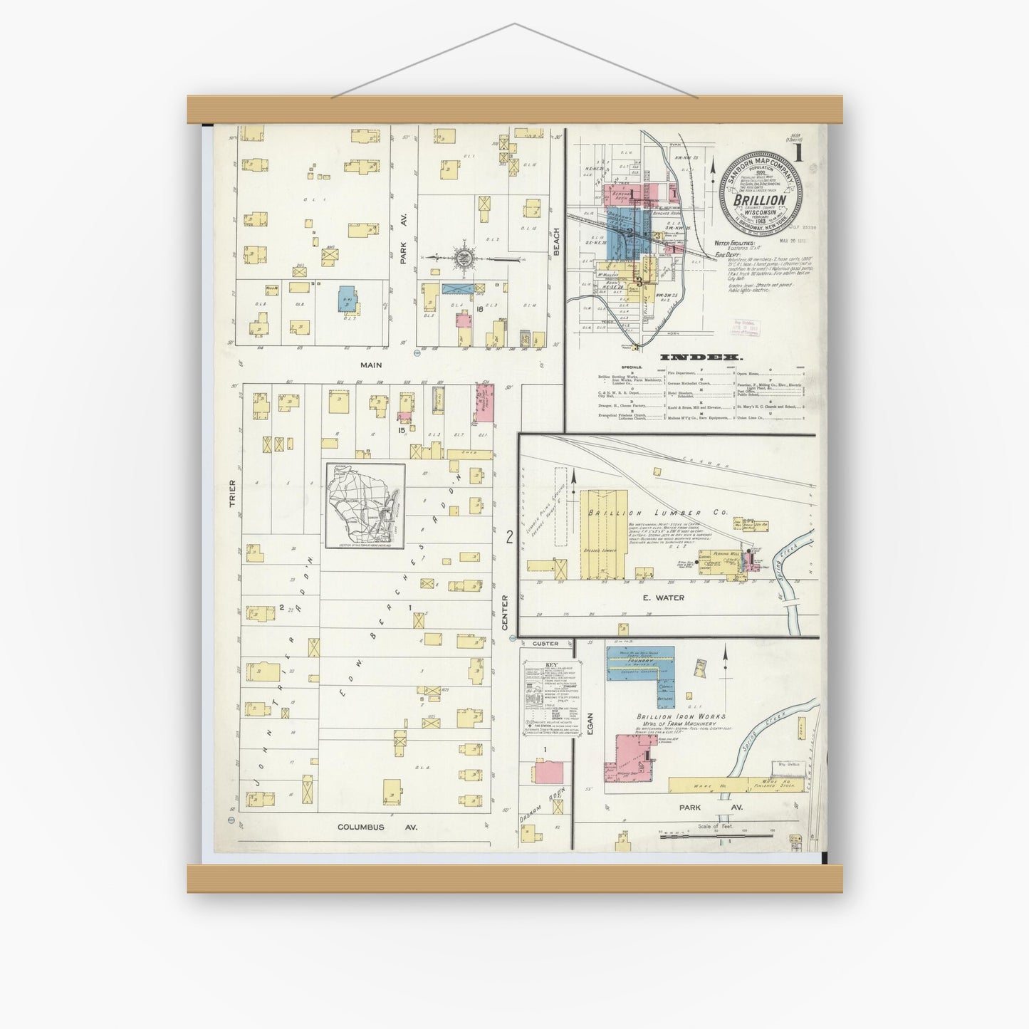 Old map wall art mockup — magnetic wood frame on white wall — Sanborn Fire Insurance Map from Brillion, Calumet County, Wisconsin (1913) - Complete Map Set