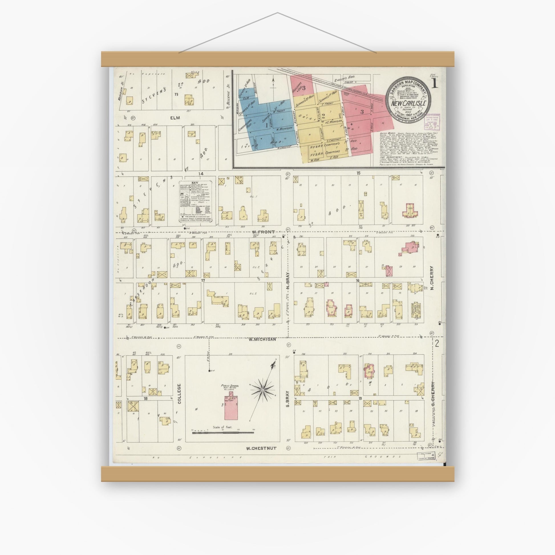 Old map wall art mockup — magnetic wood frame on white wall — Sanborn Fire Insurance Map from New Carlisle, Saint Joseph County, Indiana (1907) - Complete Map Set