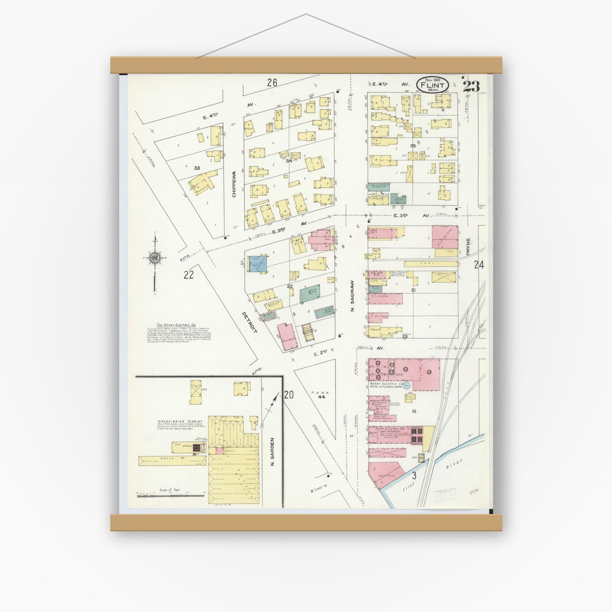 Old map wall art mockup — magnetic wood frame on white wall — Sanborn Fire Insurance Map from Flint, Genesee County, Michigan (1909), Sheet #0023
