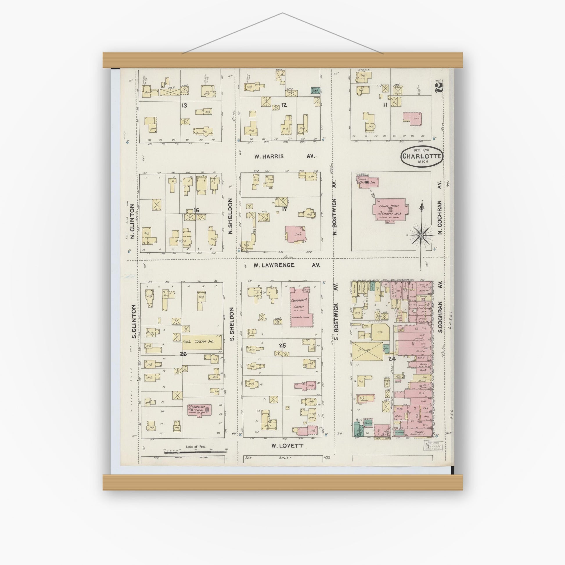 Old map wall art mockup — magnetic wood frame on white wall — Sanborn Fire Insurance Map from Charlotte, Eaton County, Michigan (1890), Sheet #0002