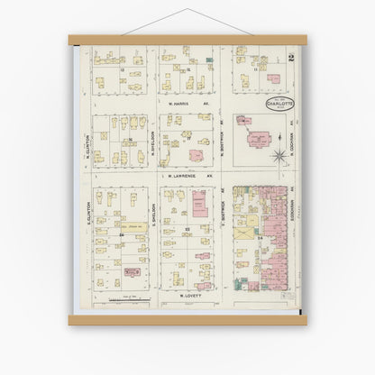 Old map wall art mockup — magnetic wood frame on white wall — Sanborn Fire Insurance Map from Charlotte, Eaton County, Michigan (1890), Sheet #0002