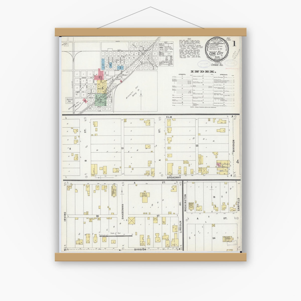 Old map wall art mockup — magnetic wood frame on white wall — Sanborn Fire Insurance Map from Coal City, Grundy County, Illinois (1898) - Complete Map Set