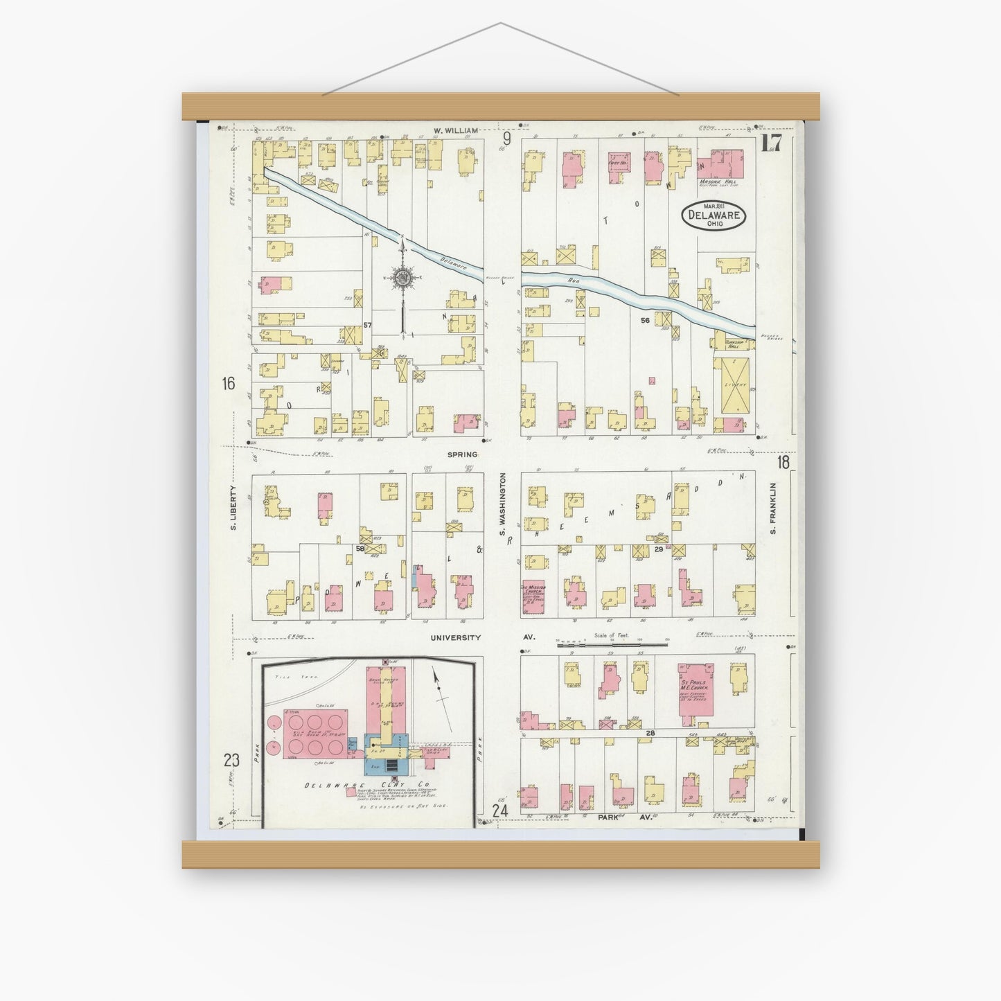 Old map wall art mockup — magnetic wood frame on white wall — Sanborn Fire Insurance Map from Delaware, Delaware County, Ohio (1911), Sheet #0017