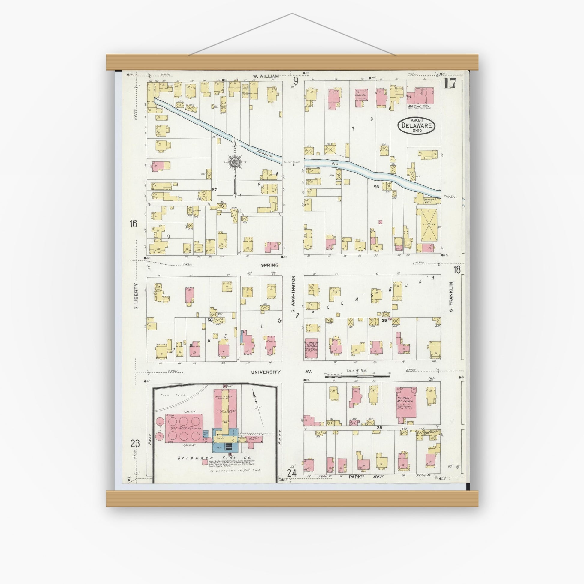 Old map wall art mockup — magnetic wood frame on white wall — Sanborn Fire Insurance Map from Delaware, Delaware County, Ohio (1911), Sheet #0017