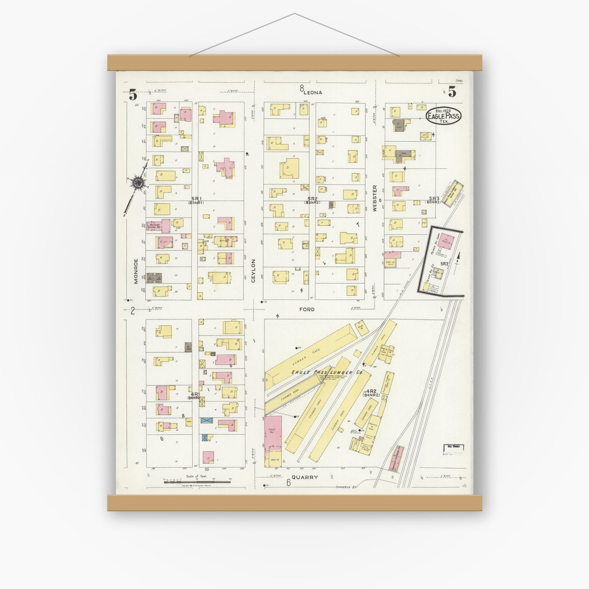 Old map wall art mockup — magnetic wood frame on white wall — Sanborn Fire Insurance Map from Eagle Pass, Maverick County, Texas (1924), Sheet #0005