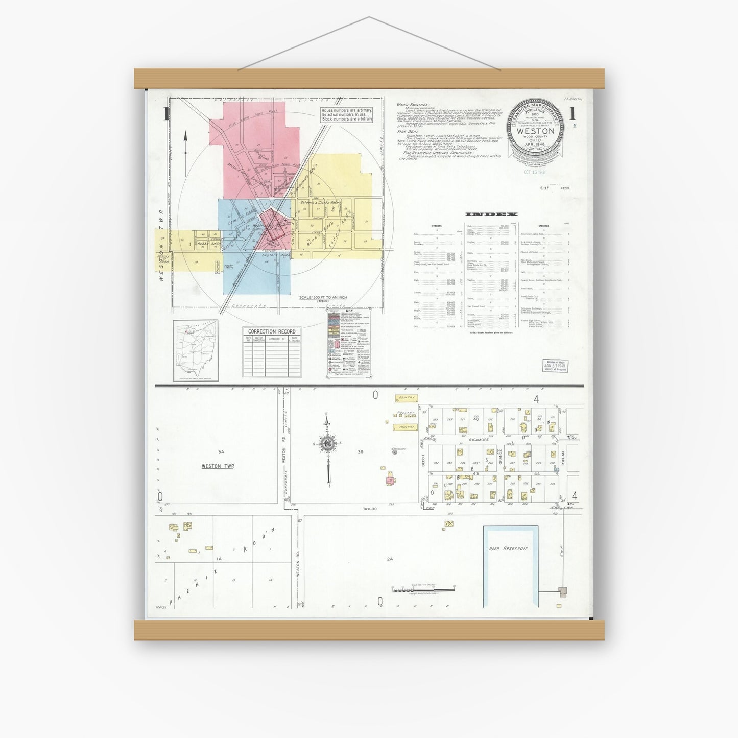 Old map wall art mockup — magnetic wood frame on white wall — Sanborn Fire Insurance Map from Weston, Wood County, Ohio (1948) - Complete Map Set