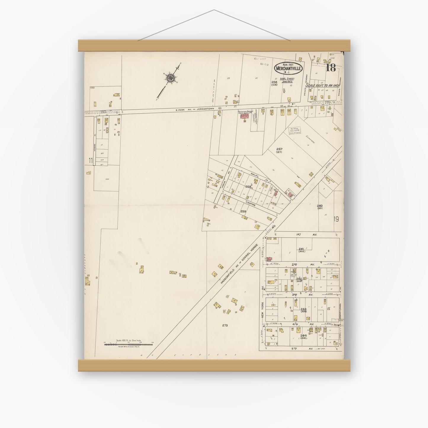 Old map wall art mockup — magnetic wood frame on white wall — Sanborn Fire Insurance Map from Merchantville, Camden County, New Jersey (1921), Sheet #0018