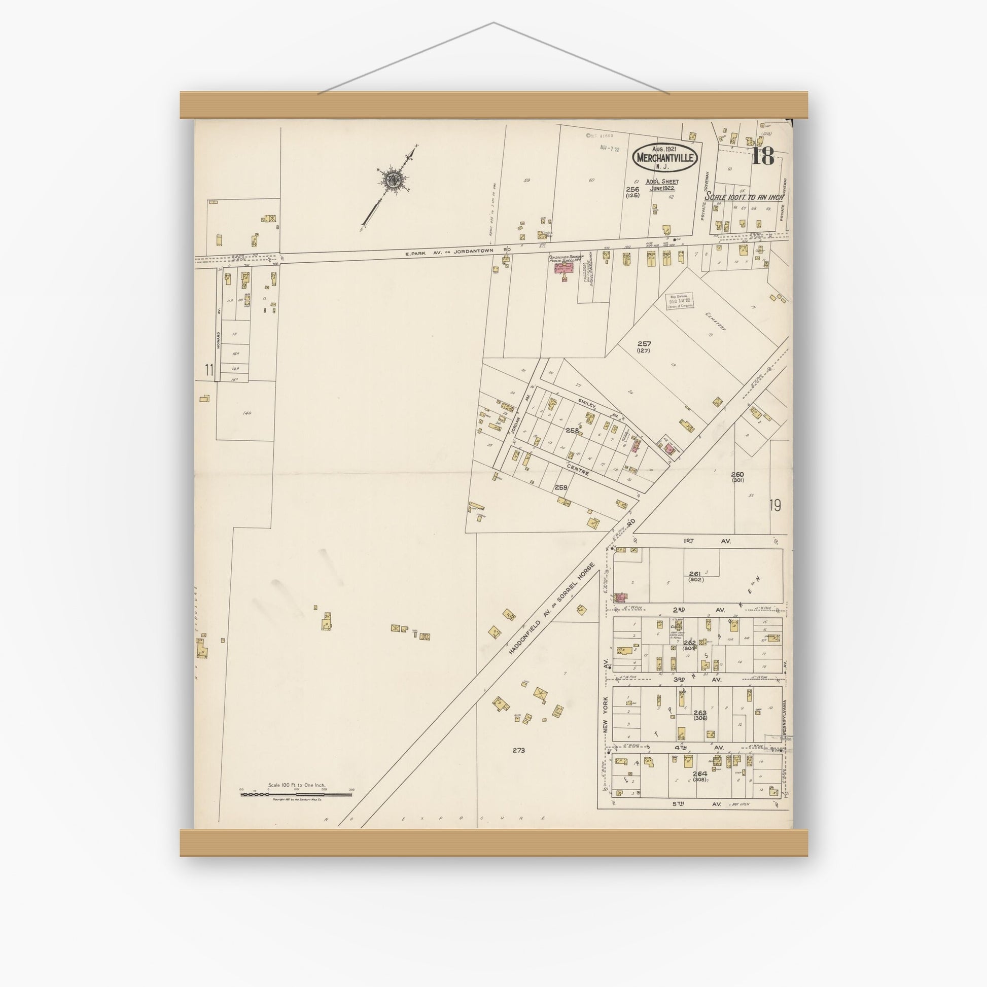 Old map wall art mockup — magnetic wood frame on white wall — Sanborn Fire Insurance Map from Merchantville, Camden County, New Jersey (1921), Sheet #0018