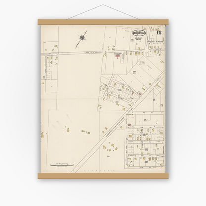 Old map wall art mockup — magnetic wood frame on white wall — Sanborn Fire Insurance Map from Merchantville, Camden County, New Jersey (1921), Sheet #0018