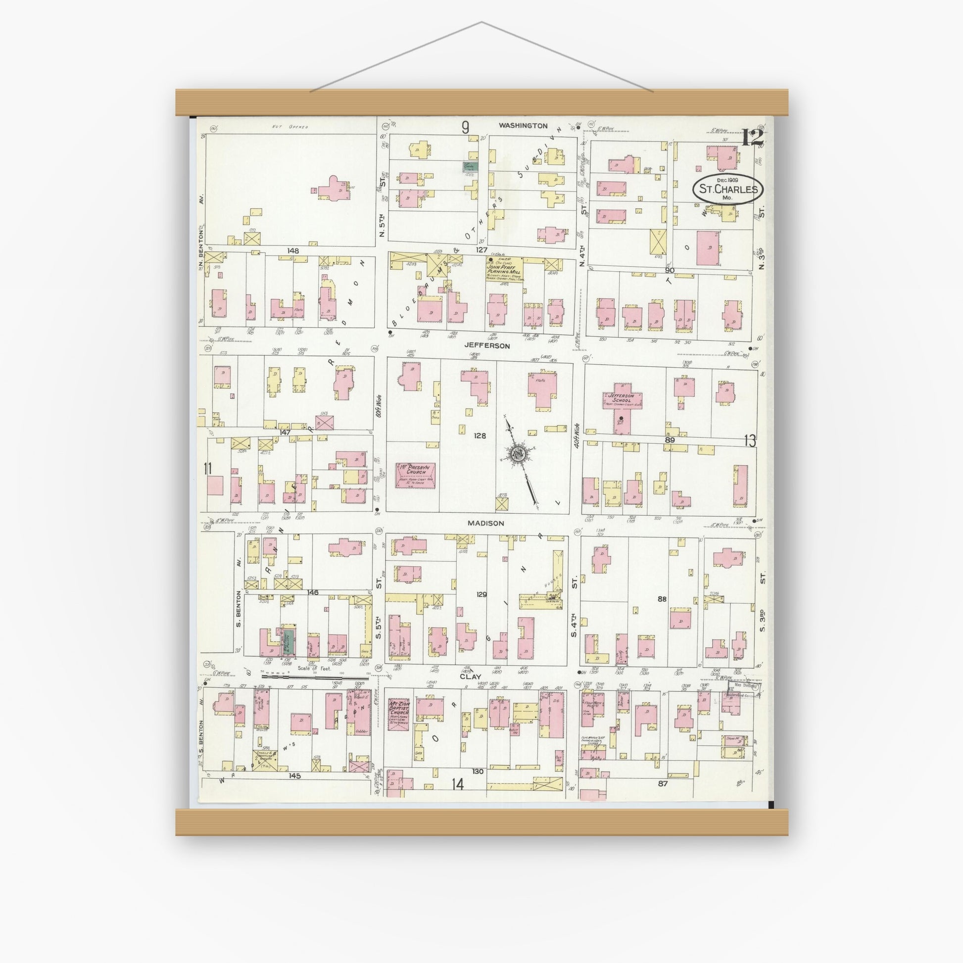 Old map wall art mockup — magnetic wood frame on white wall — Sanborn Fire Insurance Map from Saint Charles, Saint Charles County, Missouri (1909), Sheet #0012
