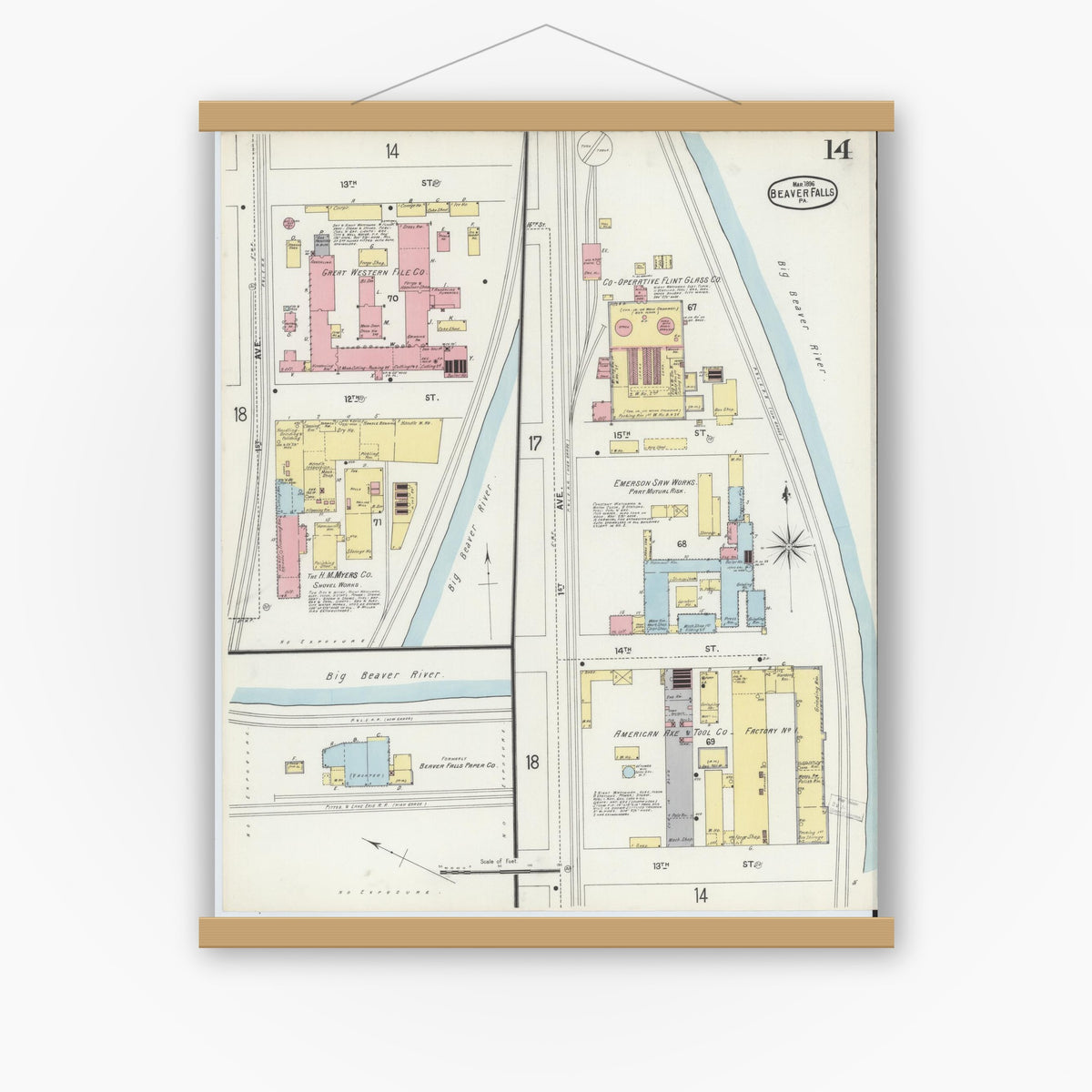 Old map wall art mockup — magnetic wood frame on white wall — Sanborn Fire Insurance Map from Beaver Falls, Beaver County, Pennsylvania (1896), Sheet #0014