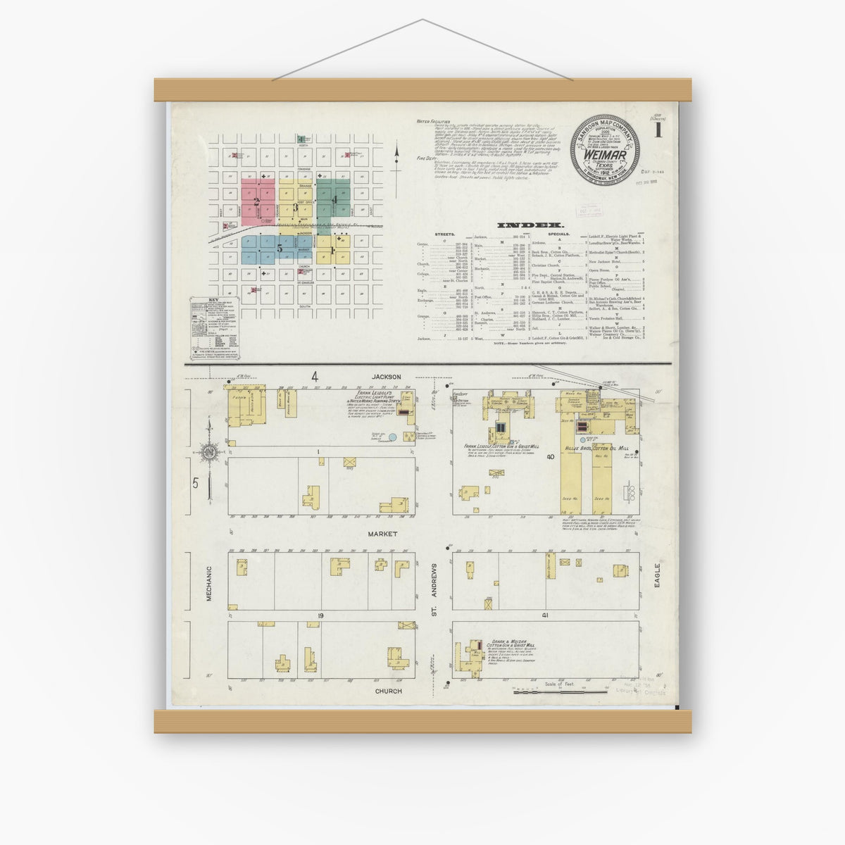 Old map wall art mockup — magnetic wood frame on white wall — Sanborn Fire Insurance Map from Weimar, Colorado County, Texas (1912) - Complete Map Set