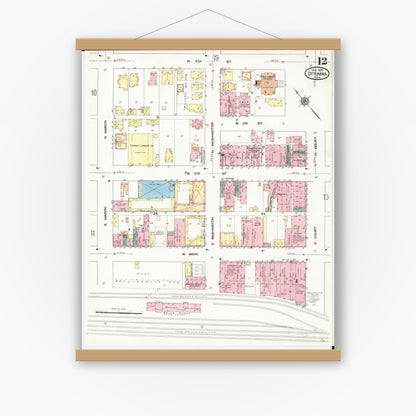 Old map wall art mockup — magnetic wood frame on white wall — Sanborn Fire Insurance Map from Ottumwa, Wapello County, Iowa (1909), Sheet #0012