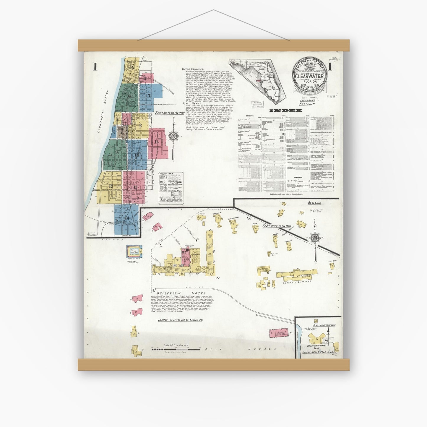 Old map wall art mockup — magnetic wood frame on white wall — Sanborn Fire Insurance Map from Clearwater, Pinellas County, Florida (1923) - Complete Map Set